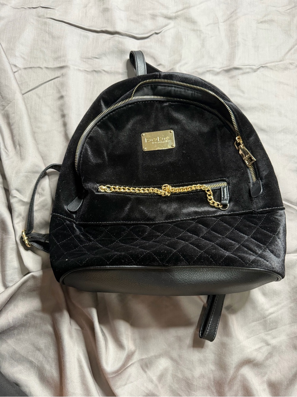 bebe Black Quilted Velvet Mini Backpack with Gold Chain